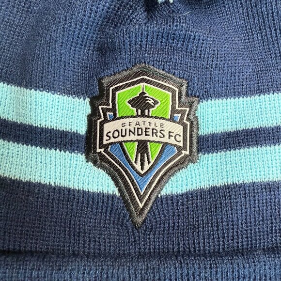 Seattle Sounders FC Soccer Beanie Hat Blue stripe with Pom Pom Pouf on Top. Warm main image 7